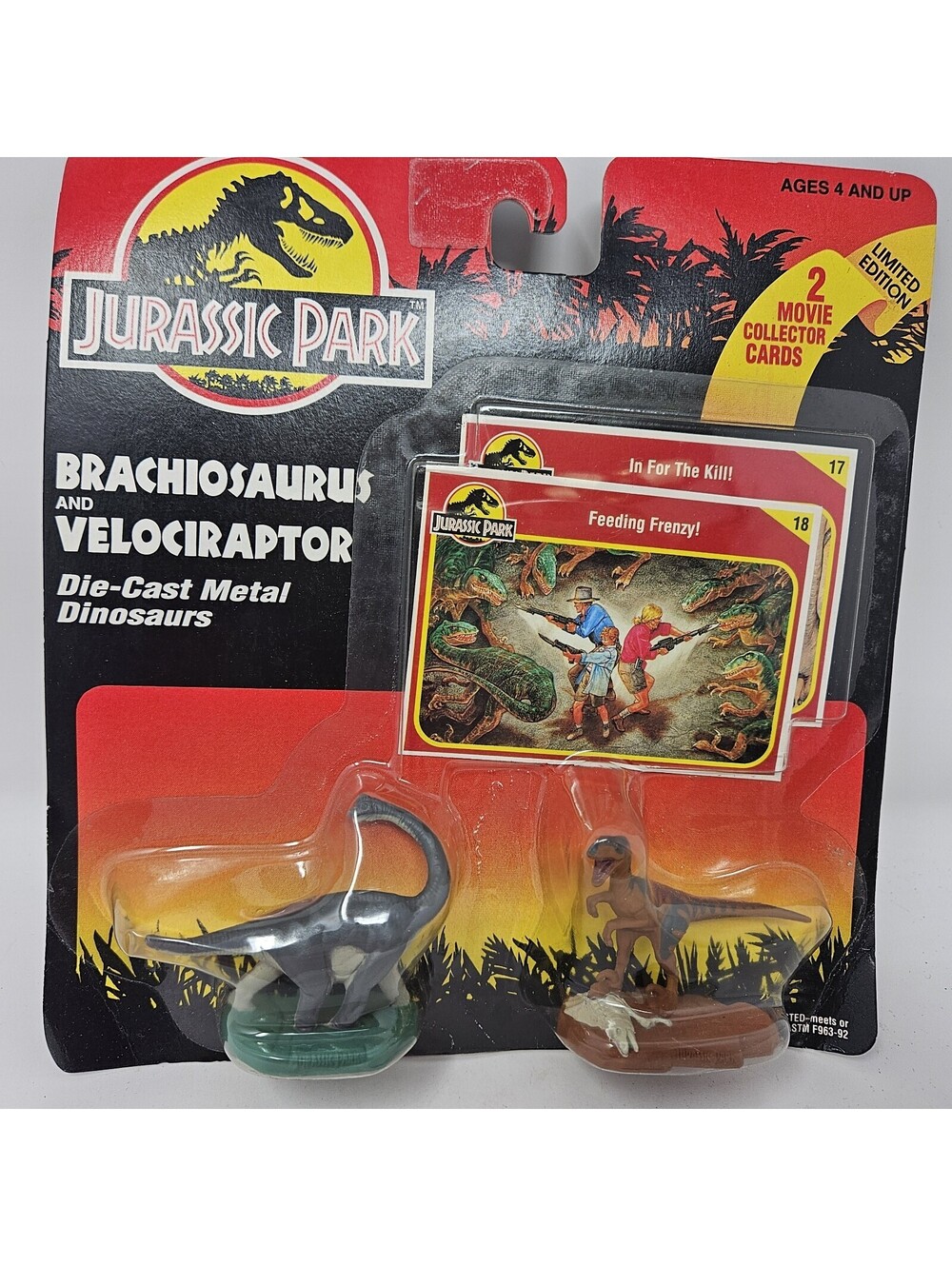 Jurassic Park Brachiosaurus Velociraptor Die-Cast Dinosaur Figures & Cards 1993